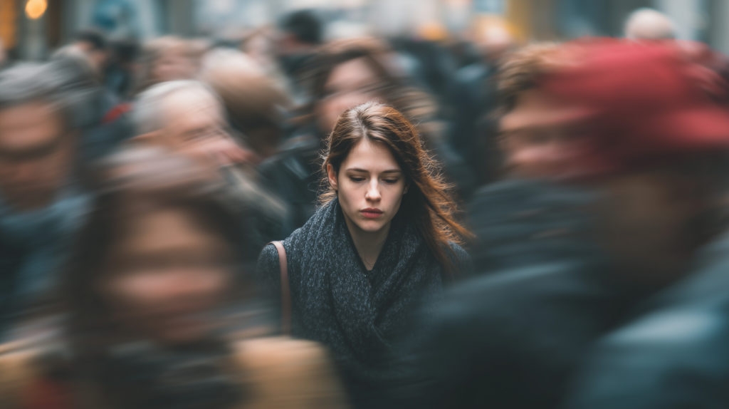a woman feeling lonely and isolated in a crowded place, surrounded by people yet emotionally distant, expressing solitude, introspection, and urban human emotion.